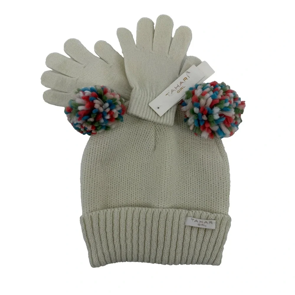 Tahari Girl Pom Pom Hat Gloves Set Ivory Knit Winter Beanie Sparkle NWT